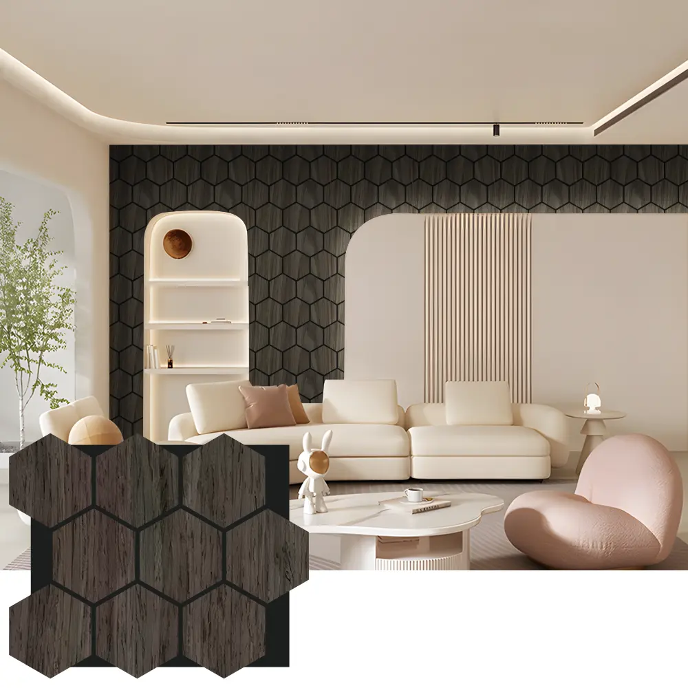 Ichki dizayn uchun olti burchakli akustik yog'och devor panellari